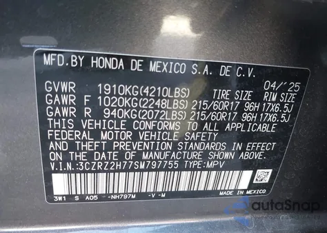 2025 Honda Hr-V Awd Ex-L from USA, damaged, VIN 3CZRZ2H77SM797755